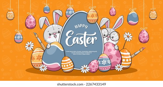 Happy Easter With Cute Rabbit And Easter Eggs. Hanging Eggs Banner And Poster, Cartoon Illustration