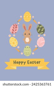 Happy Easter. Cute rabbit with eggs. vector banner, card. flat design
