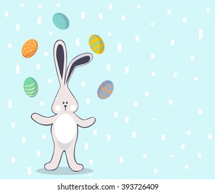 Happy Easter. Cute rabbit with eggs. Vector illustration background.