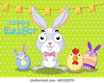 Happy easter cute rabbit and eggs vector illustration design