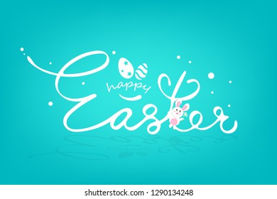 Happy Easter, cute rabbit and flower with calligraphy season holiday, animals cartoon characters invitation poster greeting card abstract background vector illustration