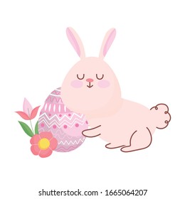 happy easter cute rabbit with flowers and egg decoration vector illustration