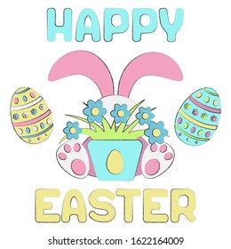 Happy Easter cute rabbit hid behind a pot of flowers and Easter eggs. Postcard or banner in delicate colors-pink, blue, yellow, green. Square format, vector illustration isolated on a white background