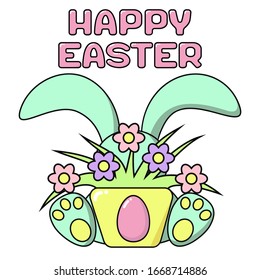 Happy Easter cute rabbit hid behind a pot of flowers and Easter eggs in cartoon style. Card or banner in delicate colors-pink, blue, yellow, green. Square format, vector illustration isolated.