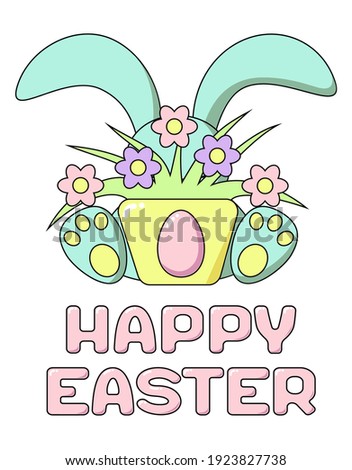 Happy Easter cute rabbit hid behind a pot of flowers and Easter eggs in cartoon style. Card or banner in delicate colors-pink, blue, yellow, green. Square format, vector illustration isolated.