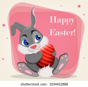 Happy Easter. Cute rabbit holding colored egg. Funny cartoon character for holiday. Vector illustration 