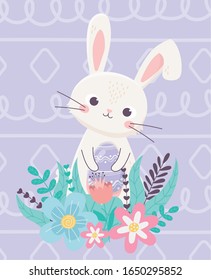 happy easter cute rabbit holding decorative egg with flowers foliage vector illustration