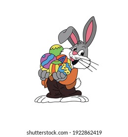 Happy easter. Cute rabbit holding eggs
