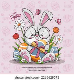 Happy Easter With Cute Rabbit Is Holding An Eggs, Cute Cartoon Illustration