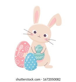 happy easter cute rabbit holds egg decoration celebration vector illustration