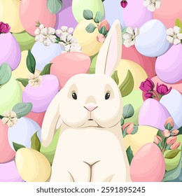 Happy Easter. Cute rabbit on a background of Easter eggs, flowers and greenery. Vector illustration.