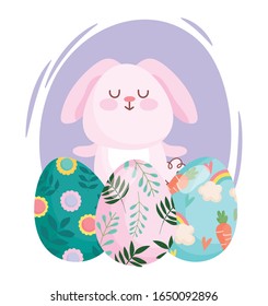 happy easter cute rabbit with painted eggs celebration season vector illustration