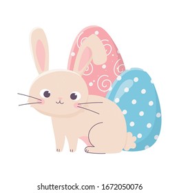 happy easter cute rabbit with two egg decoration celebration vector illustration