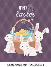 feliz Pascua tierno conejo pollo con canasta con huevos celebración vectorial ilustración