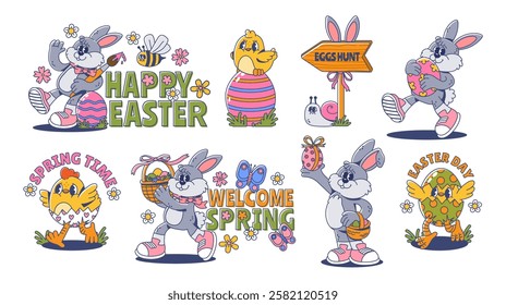 Happy Easter. Cute rabbits, chickens and eggs. Retro groovy Easter elements. Funny bunnies, spring flowers, colorful holiday egg, festive decoration, kids chick. Vector set.