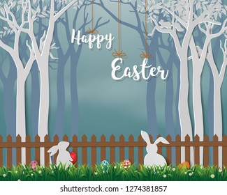 Happy Easter with cute rabbits and colorful eggs on paper art background,for holiday,celebration party or greeting card,vector illustration