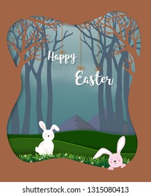 Happy Easter with cute rabbits in the forest for holiday,celebration party or greeting card,vector illustration