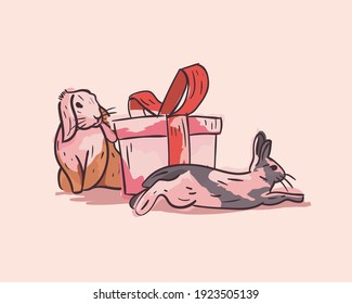 Happy easter cute rabbits with gift design, Spring decoration holiday and season theme Vector illustration