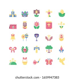 happy easter and cute rabbits icon set over white background, flat style and colorful design, vector illustration