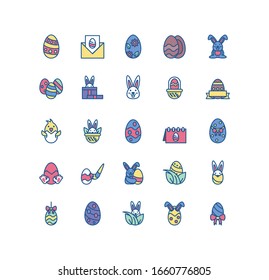happy easter and cute rabbits icon set over white background, line style and colorful design, vector illustration