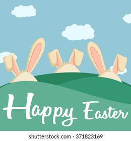 Happy Easter With Cute Rabbits on Field and Sky Background