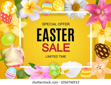 Happy Easter Cute Sale Poster Background with Eggs and Flowers. Vector Illustration EPS10 Happy Easter Cute Sale Poster Background with Eggs and Flowers. Vector Illustration EPS10