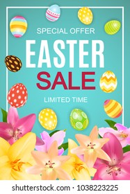 Happy Easter Cute Sale Poster  Background with Eggs and Flowers. Vector Illustration EPS10