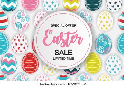 Happy Easter Cute Sale Poster  Background with Eggs. Vector Illustration EPS10