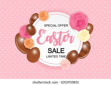 Happy Easter Cute Sale Poster  Background with Eggs. Vector Illustration EPS10