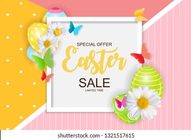 Happy Easter Cute Sale Poster  Background with Eggs. Vector Illustration EPS10