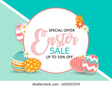 Happy Easter Cute Sale Poster  Background with Eggs. Vector Illustration EPS10