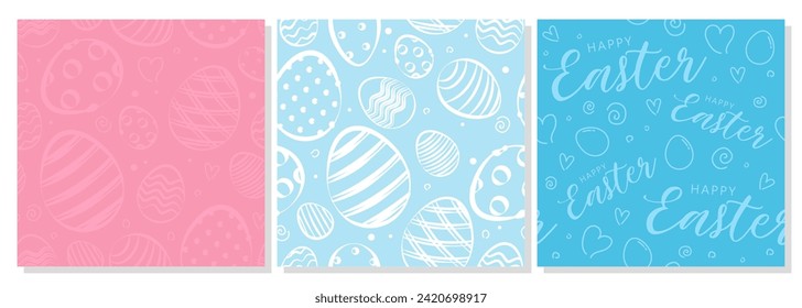 Happy easter. Cute seamless background with eggs, hearts and lettering. Set of vector Easter illustrations. Ideal for prints, wallpapers, backgrounds. Background for holiday, spring.