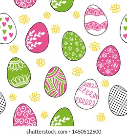 Happy Easter. Cute seamless pattern with eggs. Hand Drawn vector illustration. Wrapping paper pattern. Background with abstract elements.