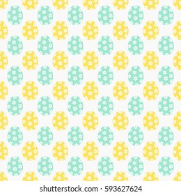 Happy Easter! Cute seamless pattern with eggs in pastel blue and yellow colors. Vector background.