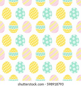 Happy Easter! Cute seamless pattern with eggs in pastel blue, pink and yellow colors. Vector background.