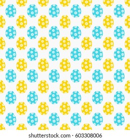 Happy Easter. Cute seamless pattern with eggs in blue and yellow colors. Vector background.