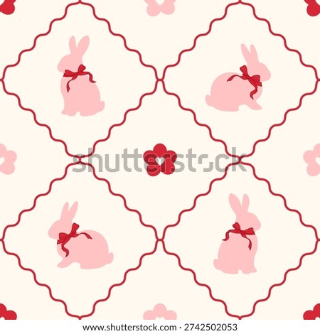 Happy Easter cute seamless pattern with pink bunny and red daisy. Cute rabbit with bow ribbon. Vintage argyle print background. Spring floral pattern. Vector illustration