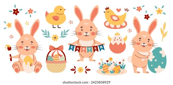 Happy Easter cute set. Easter Bunnies, chicks, eggs, flowers. Baby characters. Vector illustration flat style