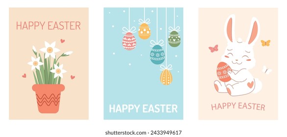 Happy easter. Cute set of Easter cards. Spring collection. Design with spring painted flowers, eggs and bunny in pastel colors.
