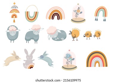 Happy Easter cute set of elements. Bundle of festive rabbit, chicken, rainbows, lamb, sheep, glass jar, flowers. Scrapbooking elements. Vector illustration in flat cartoon design.
