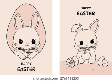 Happy Easter cute set of posters, cards, holiday covers. Hand drawn beautiful Easter bunny rose with bow and decorated eggs. Easter design print, art Design