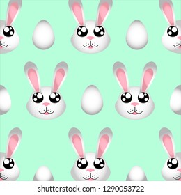 Happy Easter cute simple bunny illustrations seamless pattern and Easter eggs isolated on blue background.