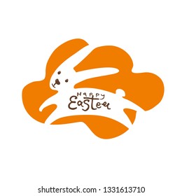 Happy Easter. Cute sticker with the silhouette of the jumping Easter Bunny on a background of orange blot. Vector Easter bunny and handwritten inscription.