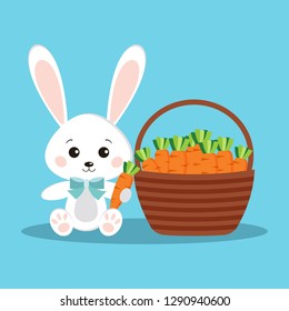 Happy Easter cute and sweet white bunny rabbit with carrot in its paw and basket with fresh ripe carrots near rabbit on blue background. Isolated funny character vector illustration.