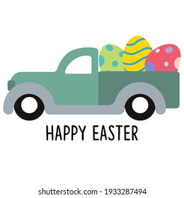 Happy Easter, cute truck, vector art.