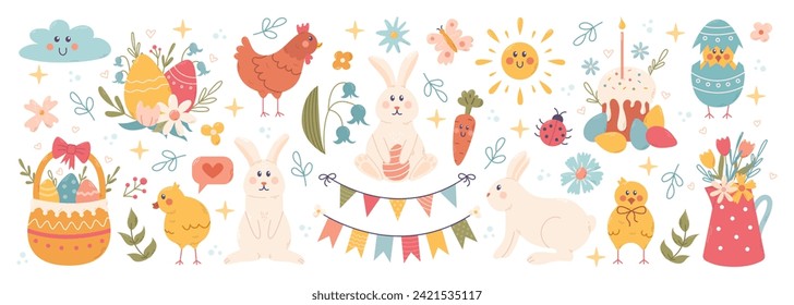 Happy Easter cute vector big set. Rabbit, egg, flower and other spring elements. Vector cartoon illustration