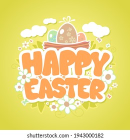Happy Easter cute vector card template with nest and colored eggs in it, chamomile flowers and clouds on a backdrop