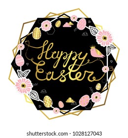 Happy Easter. Cute vector illustration for postcards, posters, stickers. Nature, spring, easter egs, birds and geometric elements.Decorative frame.