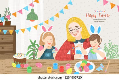 Happy easter! Cute vector illustration for greeting card, poster, banner: family decorates eggs. Mom, daughter and son are preparing for the holiday, children dressed like bunnies
