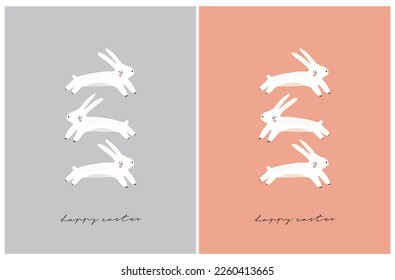 Happy Easter. Cute Easter Vector Illustrations with White Funny Bunnies isolated on a Light Gray and Coral Red Background. Easter Holidays Print with Happy Jumping Rabbits ideal for Card. 